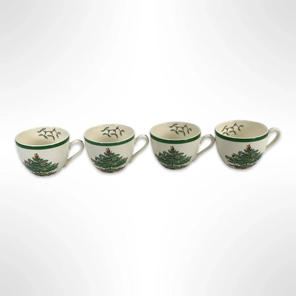 Spode Christmas‎ Tree Tea Cups Saucers Set of 4 England S3324 Holiday Ceramic
